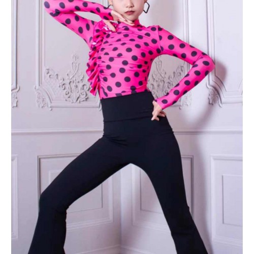 Girls kids blue fuchsia polka dot ballroom latin dance costumes children modern salsa rumba chacha dancing tops and pants 